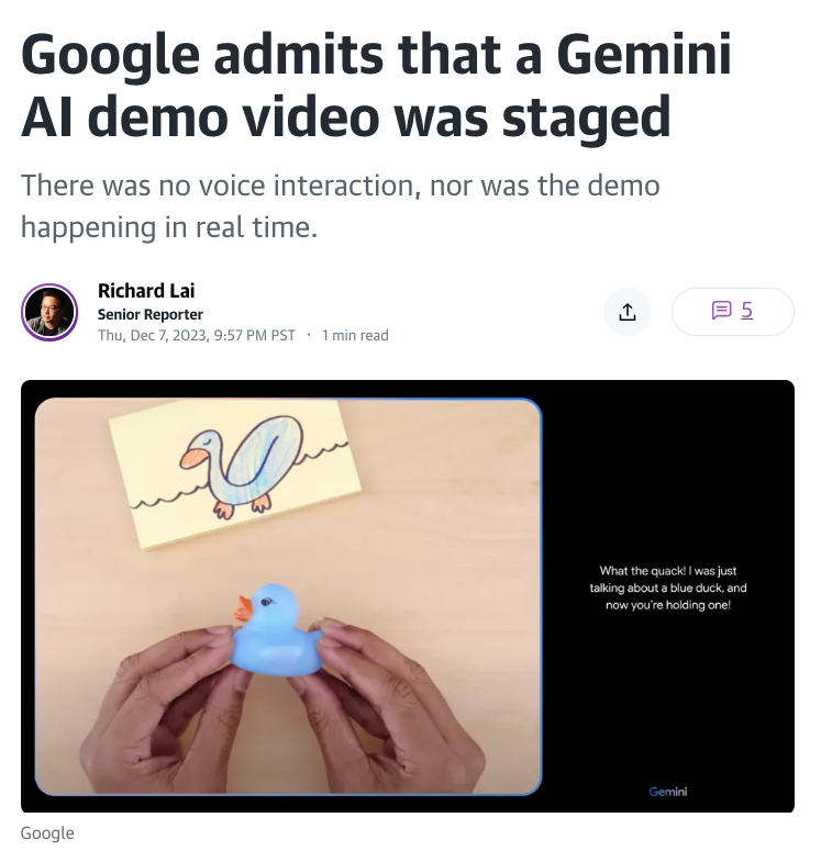 petergyang's tweet photo. Why would Google fake this video instead of letting the product speak for itself? 

All signals show that Gemini is a great model but now people are writing articles about this video instead.

This seems like a PR fail. https://t.co/aGcuRf498H