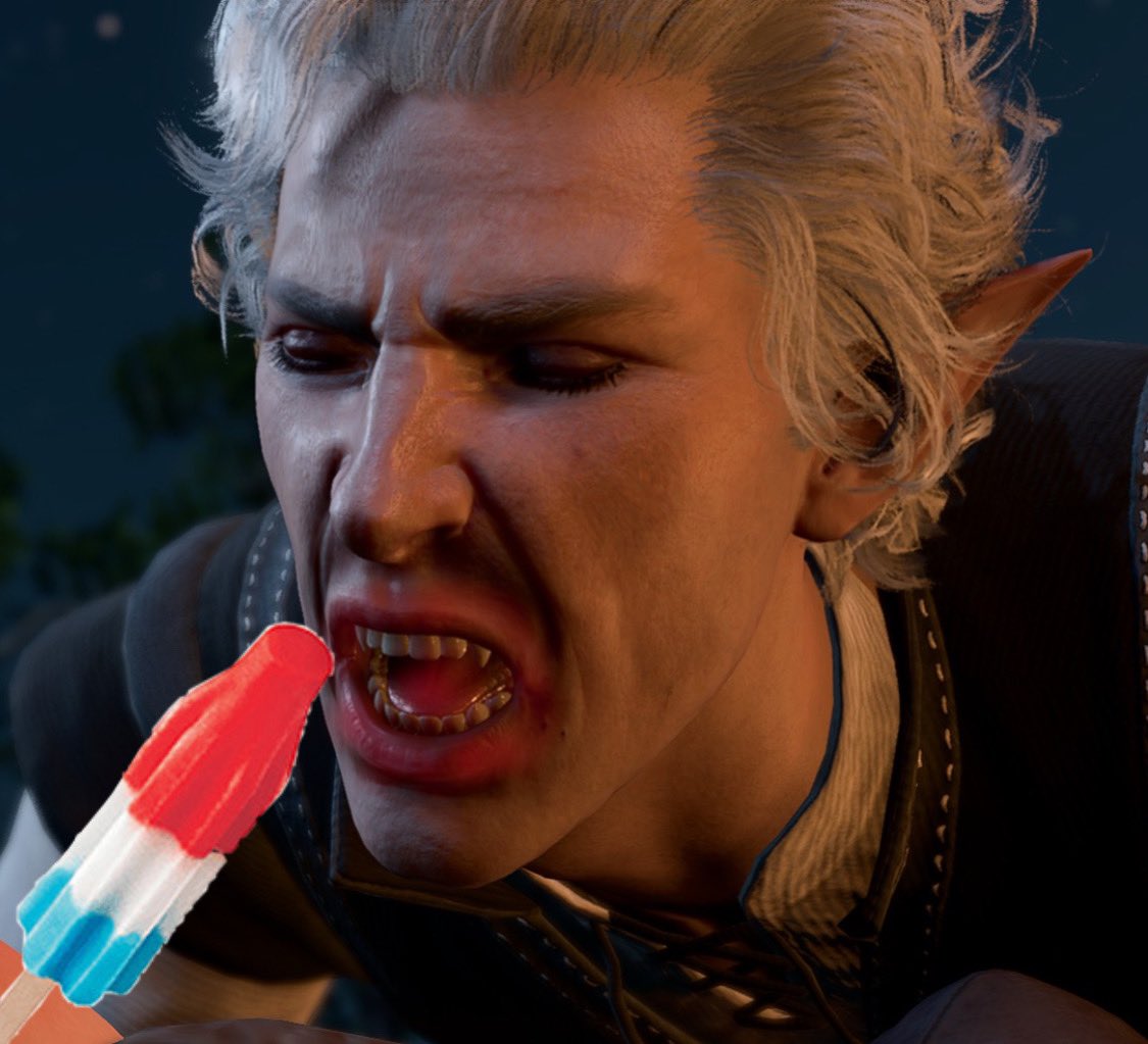 faerunfunkster's tweet image. i think that astarion would suck a popsicle so diabolically that he’d have a ring around his mouth the same color as the popsicle like a toddler would. made a visual hope it helps