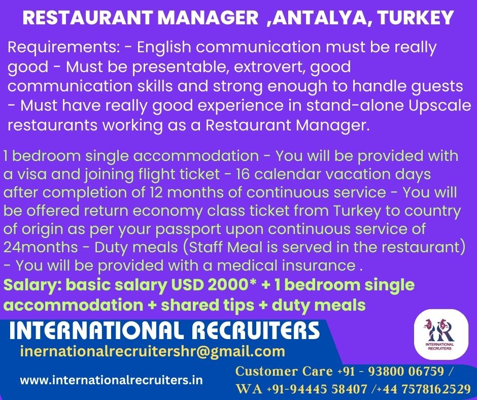 Hiring Restaurant Manager for #TURKEY #restaurants #restaurantmanager #RestaurantManagerjobs #Alert
#hospitalityjobs #hospitalitycareers #hospitalityindustry #Jobs #jobseekers #JobsOpportunities #jobsnearme #recruiternearme #recruitment #Staffing #InternationalRecruitersIndia