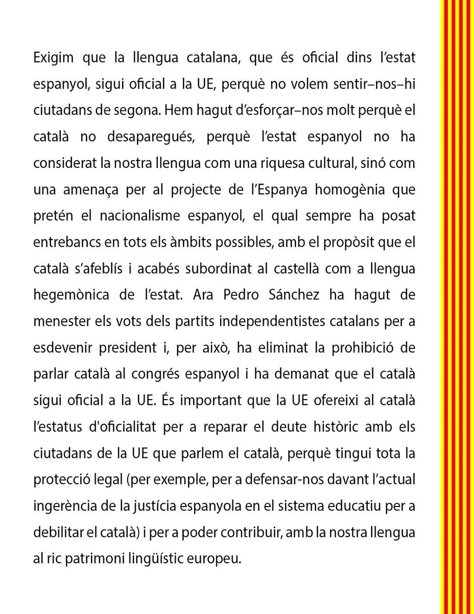 1/29
El Consell UE tractarà de nou el 12D l'oficialitat del català i podria votar-se!
PRESSIONEM:
RT+❤️als 29 tuits del FIL pq els mandataris rebin notificacions amb missatge clar:
"#SayYes #CatalanOfficialEU
Els catalans volem ser ciutadans de la UE amb la nostra pròpia llengua"