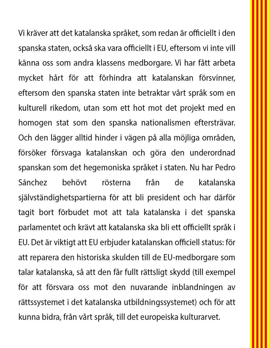 2/29
🇸🇪 SUÈCIA
12-12-2023, Europarådet:
#SayYes #CatalanOfficialEU
Vi katalaner vill vara EU-medborgare med vårt eget språk.
<a href="/SwedishPM/">Ulf Kristersson</a> <a href="/SweMFA/">Swedish Ministry for Foreign Affairs</a> <a href="/TobiasBillstrom/">Tobias Billström</a> <a href="/JessikaRoswall/">Jessika Roswall</a> <a href="/JohanForssell/">Johan Forssell</a>