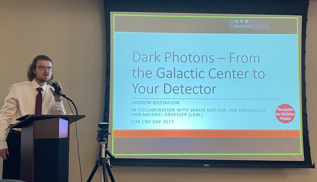 Center4NuPhys's tweet photo. Andrew Gustafson gives his presentation on dark photons from the galactic center. #CNPResearchDay https://t.co/MyBZaqqidZ
