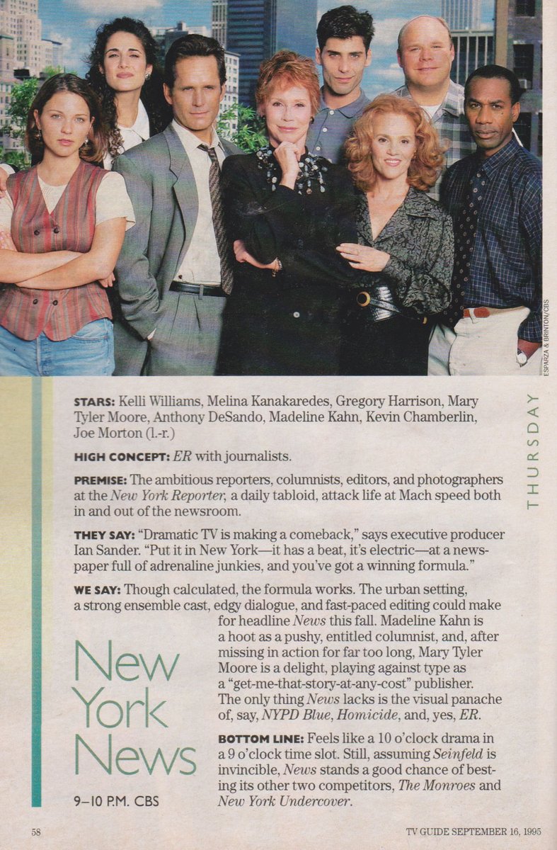 NEW YORK NEWS. 1995. 

Kelli Williams, Melina Kanakaredes, Gregory Harrison, Mary Tyler Moore, Anthony DeSando, Madeline Kahn, Kevin Chamberlain, Joe Morton. #NewYorkNews #TVGuide