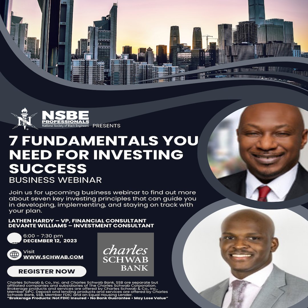Find out more about seven key investing principles that can guide you in developing, implementing, and staying on track with your plan. #TalentDevelopment #NSBEPros #CharlesSchwab

Registration Link: hubs.la/Q02crM390
