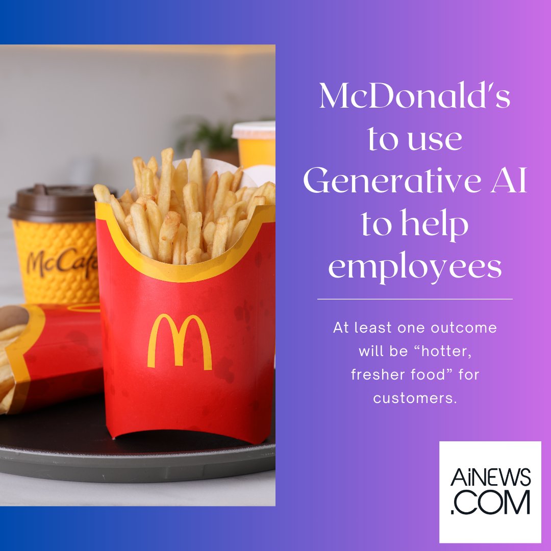 AiNewsDotCom's tweet image. Along with updates to ordering kiosks & the company’s mobile app, McDonald’s will be able to use generative AI on massive amounts of data to optimize operations starting in 2024
Learn more: theverge.com/2023/12/6/2399…
#AiNews #ArtificialIntelligenceApplications #GenerativeAi