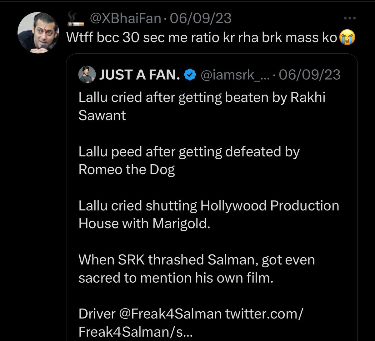 iamsrk_brk's tweet photo. Even after 69 with Prabhensians bots, Bhaitards are getting owned by SRKians in 14min.

A night before #Jawan release, I failed driver @Freak4Salman’s car break and steering within 30 sec. Nothing has changed even after 3 months. 😂😂 https://t.co/iUfBM42duB