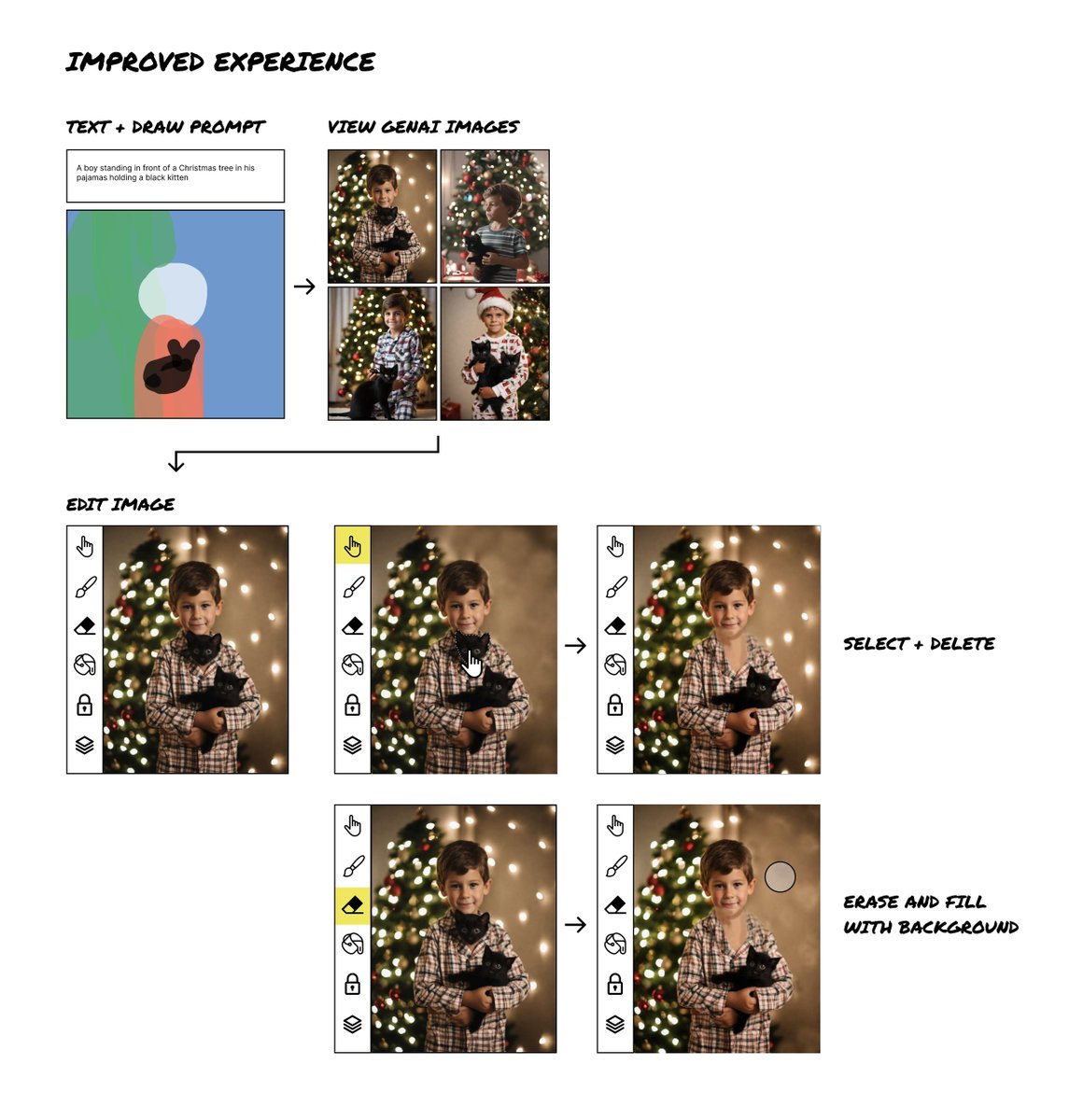 elizlaraki's tweet photo. Generative AI is mind boggling.

But right now, it’s a terrible tool for creating specific images.

Why?

The user experience is stunted.

And current tools aren’t considering the full end to end UX.

I’ve spent 20 years designing products that grew to 1B+ users.

It’s time to focus on the user experience.

Here’s what needs to change to bring the future to life:

–––

I’ve often tried to use GenAI tools to create a specific image that’s in my head.

But after several disappointing prompt iterations I get frustrated and give up.

The current workflow is indirect and imprecise.

It looks something like this:

GenAI tools are incredible for exploring the possibilities of this new technology, but currently they fail to provide a great end to end user experience.

And the solution isn’t better prompt writing.

When a person has a specific image in their head they want to create, there are two key aspects:

- Image composition

- Image editing

Currently, GenAI isn’t able to fulfill either successfully.

So what needs to change?

–––

For composition, most products rely on text prompting to generate an image.

This works reasonably well for exploring and experimenting with the capability of the tools.

But text prompting falls short when trying to compose a more specific image because:

- Trying to capture every detail through words is hard.

- Words can be interpreted in different ways – so you usually need to iterate on the prompt.

- Every re-run of the text prompt generates an entirely new image with random and uncontrolled drifts.

- It’s impossible to lock down aspects of an image with text – any edits to the prompt will always lead to an entirely new image.

Recently, some fantastic products have launched that support multi-modal inputs.

@freepik Pikaso and @tldraw Drawfast combine text prompting with basic drawing tools, allowing users to shape the layout of the image.

While these new products demonstrate the power of GenAI technology, they are far from perfect.

If you were to combine these products with the image styling capabilities of other tools such as Krea, Adobe, Visual Electric, etc you would end up with something that would make image generation pretty seamless.

But even if you’re satisfied with the composition, this doesn’t solve the second core problem:

Image editing.

–––

We’re still unable to successfully edit parts of AI generated images.

From my understanding, this is because of how GenAI works.

It generates images by starting with a random sample of noise – a bit like an old, fuzzy TV screen.

The noise is iteratively refined and composed into something the AI knows resembles (from training) what you described in the text prompt.

Instead of creating individual elements (say, a frog and  a lily pad separately) and stacking them on top of each other, it generates a single, flat image that it knows resembles a frog on a lily pad.

Because of this, it’s challenging to select single elements and edit them in isolation.

Some tools like Runway, Visual Electric, and Adobe support editing parts of an image.

But it’s still difficult to control the output of those edits.

–––

One potential solution could be to separate elements into layers during the image generation process.

If the prompt were “A boy in his pajamas standing in front of a Christmas tree holding a black kitten” the AI could break this into:

- Layer 1: Christmas tree

- Layer 2: Boy in his pajamas

- Layer 3: Black kitten

This would require the AI to have a master reference for how these elements should come together.

But each element could be generated independently as a separate layer, referenced against the master image, then combined to form the final image.

The user could then:

- Select and modify layers individually.

- Lock the layers/elements that they liked.

- Adjust other elements through a combination of conventional photo editing tools and text prompts.

Another solution could be to support basic photo editing — tools to select, lock, fill, erase, etc.

With AI generated images, there are often extra fingers, arms, or other unexpected elements. In this example, there is an extra kitten head on the boy’s chest — which I should be able to remove.

With current tools, selecting and regenerating this area just regenerates and moves the kitten’s head around – leading to a frustrating verbal wrestle with the AI to try and explain why the kitten’s head shouldn’t be there.

Offering some basic photo editing tools would go a long way in supporting image clean up if you could:

- Select — Paint to select an area like @runwayml , long press to select an object like Apple photos, or select a precise area like Photoshop’s magic wand or lasso tool.

- Erase — Remove an element (like an extra finger or kitten head) and fill in from the layer behind.

- Paint or smudge — Smooth imperfections or choose a color to cover up flaws.

- Color fill — Select and fill in a color, similar to Photoshop’s paint bucket.

- Lock elements — Select and lock objects to rebuild images around them. Alternatively, you could lock at the layer level if images were constructed through layers.

–––

Putting this all together…

Today’s products are undeniably awesome.

But they aren’t yet thinking about a person’s end to end experience.

You’d start to move the needle if you could combine tools like Freepik Pikaso or tldraw with Krea, Adobe, or Visual Electric.

But there would still be major gaps around image editing.

If we think of an ideal end to end experience for generating an image that is in someone’s mind, it could go more like this:

- Start with an idea.

- Draw + describe (text prompt) to generate images.

- Choose image style (photograph, line art, water color, etc.)

- Alter or regenerate specific aspects of the image.

- Edit flaws until the image is just as you envisioned.

–––

We are at a super exciting time right now.

The sheer number of projects launching every week is phenomenal.

And the jumps in the capability of new products is incredible.

But to truly leap forward, we must shift from building explorative tools to useful ones.

We need to think about use cases and support them by crafting better end to end user experiences.

It’s early and things are happening so fast. I hope this post is outdated by next week with new launches that support and combine all these elements!

What crazy ideas do you have for user-centric GenAI tools?

What other functionality do you think would provide a better user experience?

–––

For more design ideas on AI + crypto, follow me on X:

@elizlaraki