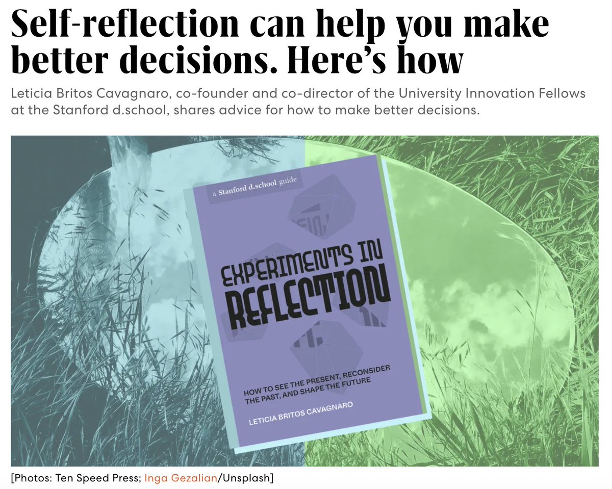 .@LeticiaBritosC, Adjunct Professor at the d.school and author of the newly-released Experiments in Reflection, shares advice for how to make better decisions with @FastCompany. 

bit.ly/475DxHz

#ExperimentsInReflection #dschoolGuides