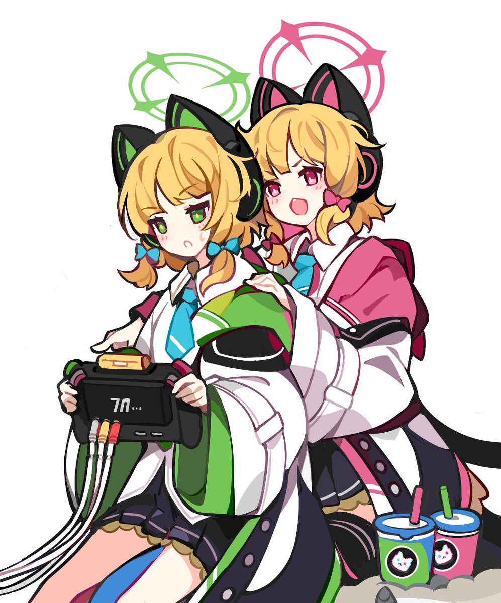 midori (blue archive) ,momoi (blue archive) multiple girls 2girls halo siblings animal ears blonde hair fake animal ears  illustration images