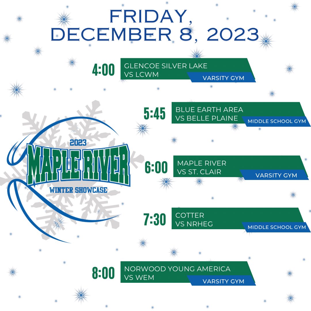 It’s time for our 7th annual Winter Showcase. There will be lots of good basketball in Mapleton this weekend, we hope to see you there. 

🏀 vs St. Clair

📍 Mapleton, MN

⏰ 6:00pm

🖥️ NFHS Network