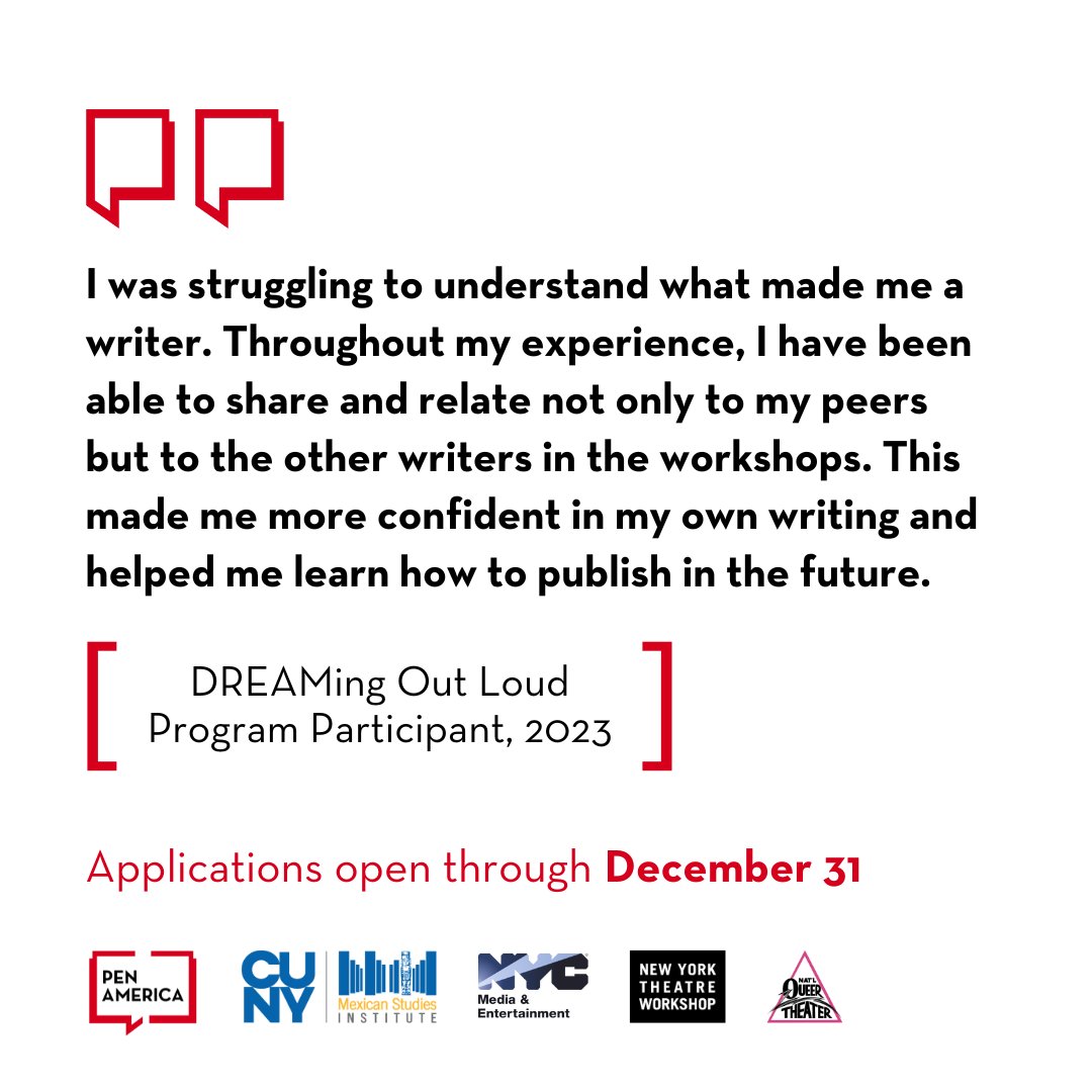 Applications for the 2024 DREAMing Out Loud Season are open until December 31st! This paid, tuition-free writing workshop is an amazing opportunity for young undocumented and immigrant writers. Submit yours today! pen.org/dreaming-out-l…
