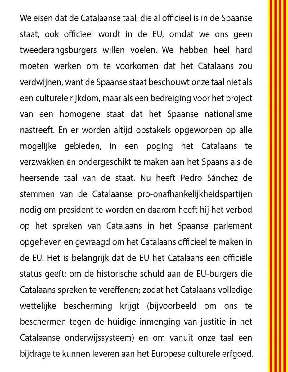 11/29
🇳🇱 HOLANDA
12-12-2023, Raad van Europa:
#SayYes #CatalanOfficialEU
Wij Catalanen willen EU-burgers zijn met onze eigen taal.
<a href="/MinPres/">Dick Schoof</a> <a href="/MinBZ/">Ministerie van Buitenlandse Zaken</a> <a href="/DutchMFA/">Dutch Ministry of Foreign Affairs 🇳🇱</a> <a href="/HankeBruinsSlot/">Hanke Bruins Slot</a> <a href="/NLatEU/">Netherlands at the EU</a> <a href="/PetersMaartje/">Maartje Peters</a> <a href="/LSchreinemacher/">Liesje Schreinemacher</a>