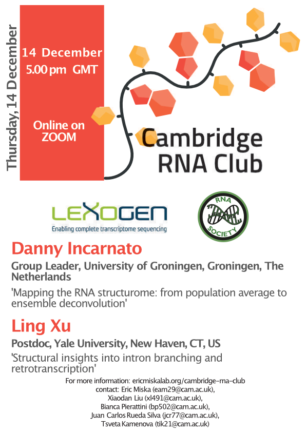 📢ONLINE event this month!
⏲️5pm GMT, 14th Dec 2023, next Thursday!
This month we happily invite Danny and Ling to show their exciting RNA structural stories! 
Please register our mail list for zoom link🥳
Many thanks to our sponsors <a href="/RNASociety/">The RNA Society</a> <a href="/lexogen/">Lexogen</a>