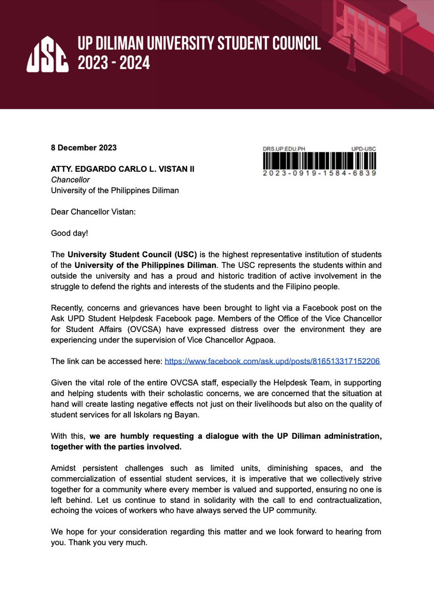 USCUPDiliman's tweet photo. #HelpTheHelpdesk | Letter of Inquiry and Request for Dialogue
The UPD USC sent a letter of inquiry to the UP Diliman Office of the Chancellor regarding the concerns and grievances of the members of the Office of the Vice Chancellor for Student Affairs (OVCSA) https://t.co/6Cz6iFl95u