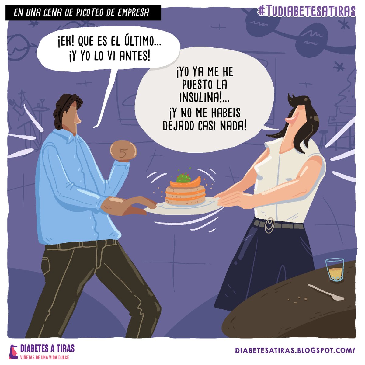 DiabetesaTiras's tweet photo. Las cenas de empresa nunca fueron tan movidas. Viñeta para  #tudiabetesatiras de parte de María, que me envío su anécdota sobre cenas de empresa tipo picoteo. #diabetESP https://t.co/sLahW0JFLi
