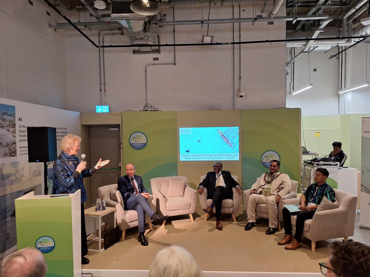 DavidTcd's tweet photo. Mary Robinson at #Cop28 launch of Ireland's Second Strategy for Partnership with Small Island Developing States: "This is a make or break COP. The stocktake shows how far behind we are", "Nothing is more important than the phasing out of fossil fuels". @TCDBusiness @tcddublin https://t.co/YY8MwgwjxI