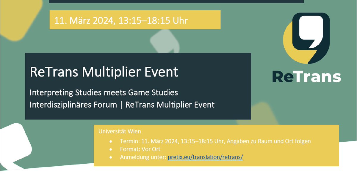 2 Jahre intensive Arbeit nehmen Form an. Wir zeigen die Projektergebnisse zum Thema Dolmetschen für Menschen auf der Flucht: Spielt selbst die #ReTransInterpreting Stories und entwickelt eure eigenen Spiele am 11. März in Wien! @appliedgames 

transvienna.univie.ac.at/archiv/einzela…