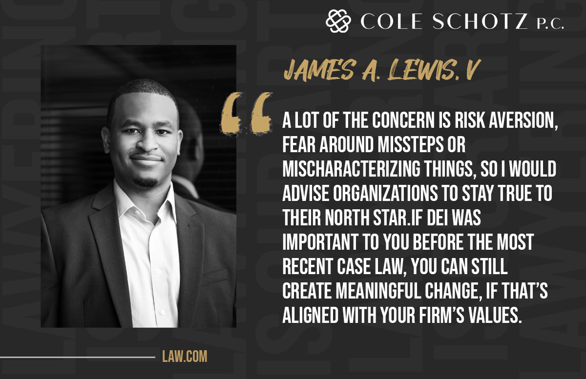 ColeSchotz's tweet image. James Lewis was recently interviewed regarding how to avoid DEI landmines in the current legal landscape.  Check out the recent Law.com article.

coleschotz.com/news-and-publi…

#deistrategy #diversityandinclusion #deibestpractices