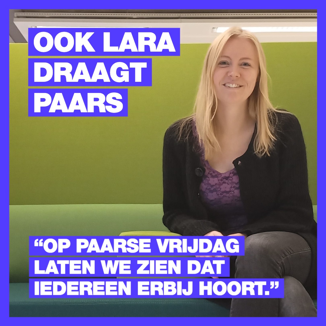 Het is Paarse Vrijdag!
Lara: "Voel je je veilig en gesteund om wie je bent, dan doe je het beter op school én op werk. Op Paarse Vrijdag laten we zien dat iedereen erbij hoort, en dat pesten en buitensluiten vanwege iemands seksuele of genderidentiteit er nooit bijhoort!"💚❤️💜