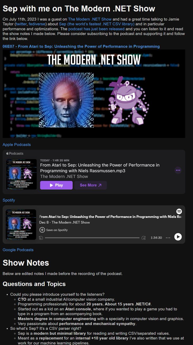 New blog post "Sep with me on The Modern .NET Show", 
#dotnet #csharp #performance #simd 
cc <a href="/dotNetCoreShow/">The Modern .NET Show</a> <a href="/joelverhagen/">Joel Verhagen</a> <a href="/MarkPflug/">-</a> <a href="/JoshClose/">Josh Close</a> 
👇
nietras.com/2023/12/08/sep…

Thanks to <a href="/podcasterJay/">podcasterJay</a> for having me on! Please subscribe to his podcast.
PS: "and stuff like that"! 😅