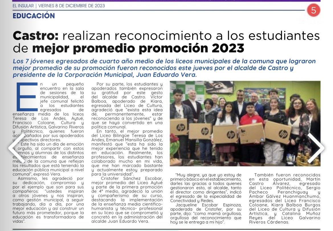 Corpocas's tweet photo. [PRENSA] 🗞️ En este viernes feriado, el periódico #ElInsular, informa sobre el reconocimiento que el alcalde Juan Eduardo Vera, hizo a los mejores promedios de la #Promoción2023, de nuestros liceos municipales. https://t.co/0w4WwivmSt