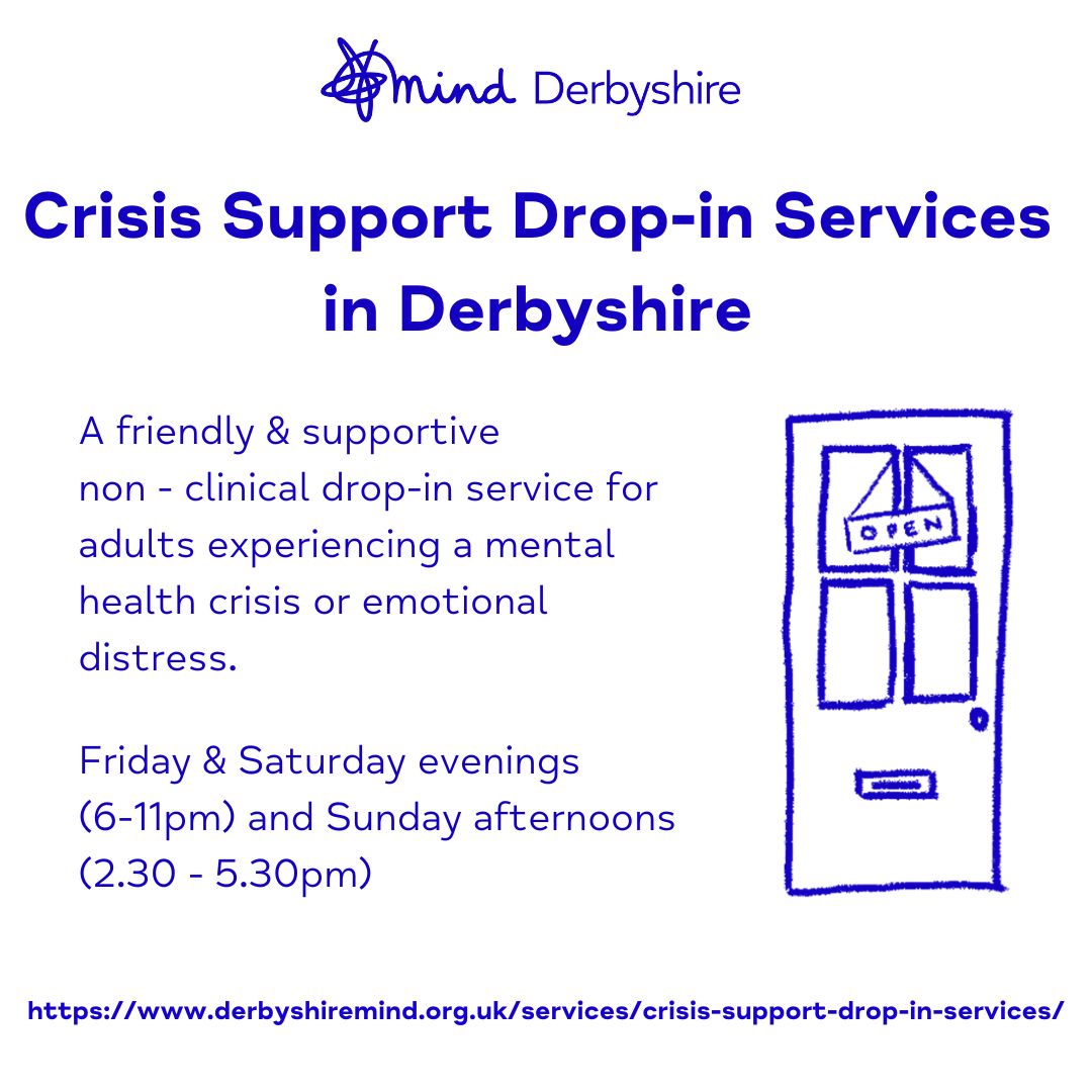 We are delighted that we have been able to extend our Crisis Support Drop-in Service to a new location. As well as our usual location in Buxton, we now have a service available in Swadlincote and Ripley also. See our website for more details.