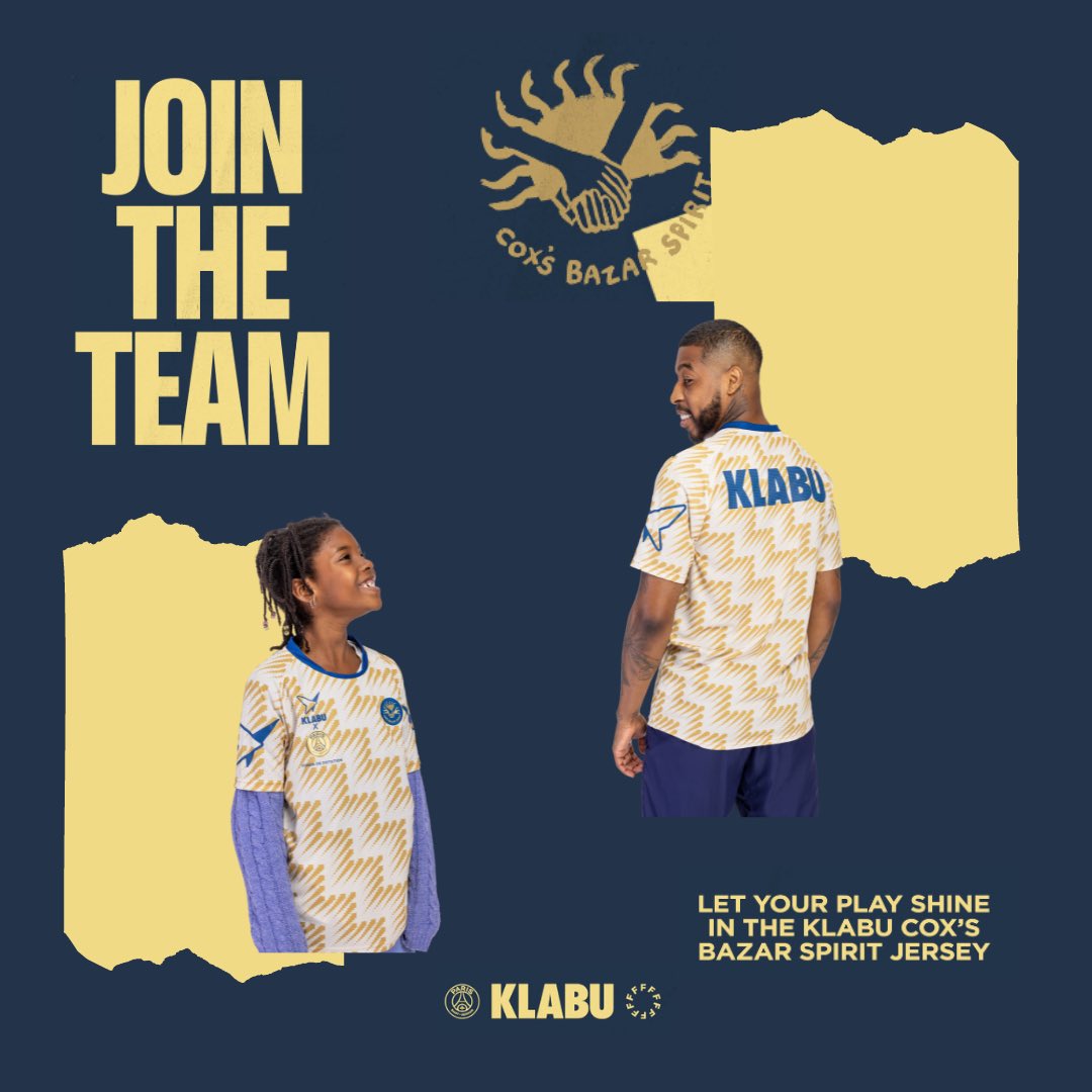 JOIN THE TEAM avec le maillot limité <a href="/KLABUofficial/">KLABU</a> ❤️💙

Les fonds contribueront au projet sportif  pour les enfants du plus grand camp de réfugiés au monde à Cox’s Bazar, Bangladesh. 

Disponible ici ➡️ : store.psg.fr/fr/maillot-psg…