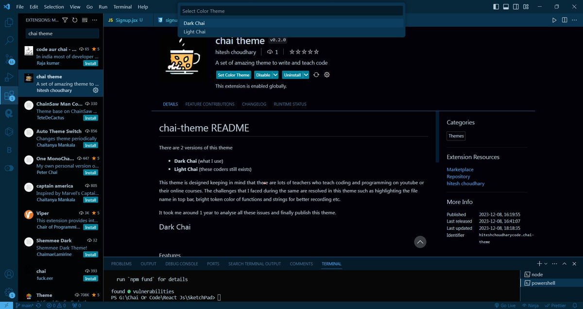 Duhyantdotai's tweet image. A huge shoutout and heartfelt gratitude to Hitesh Choudhary for the incredible Chai theme.
💯 If you haven't checked out the Chai theme yet, I highly recommend giving it a try! It's been a game-changer for me.
#DeveloperTools #ChaiTheme #CodingExperience #ProductivityBoost