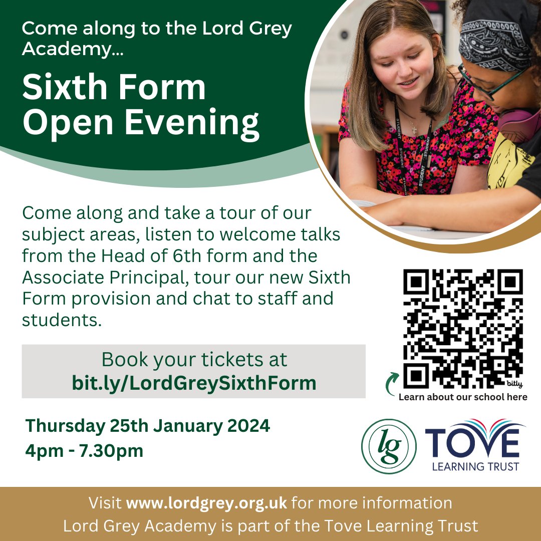 📢 Our 6th Form Open Evening is taking place on Thursday 25th January! 📅

You are invited to take a tour of our amazing facilities and departments as well as the opportunity to chat to staff and students!

4pm -7.30pm with talks at 5pm and 6pm

Book here bit.ly/LordGreySixthF…