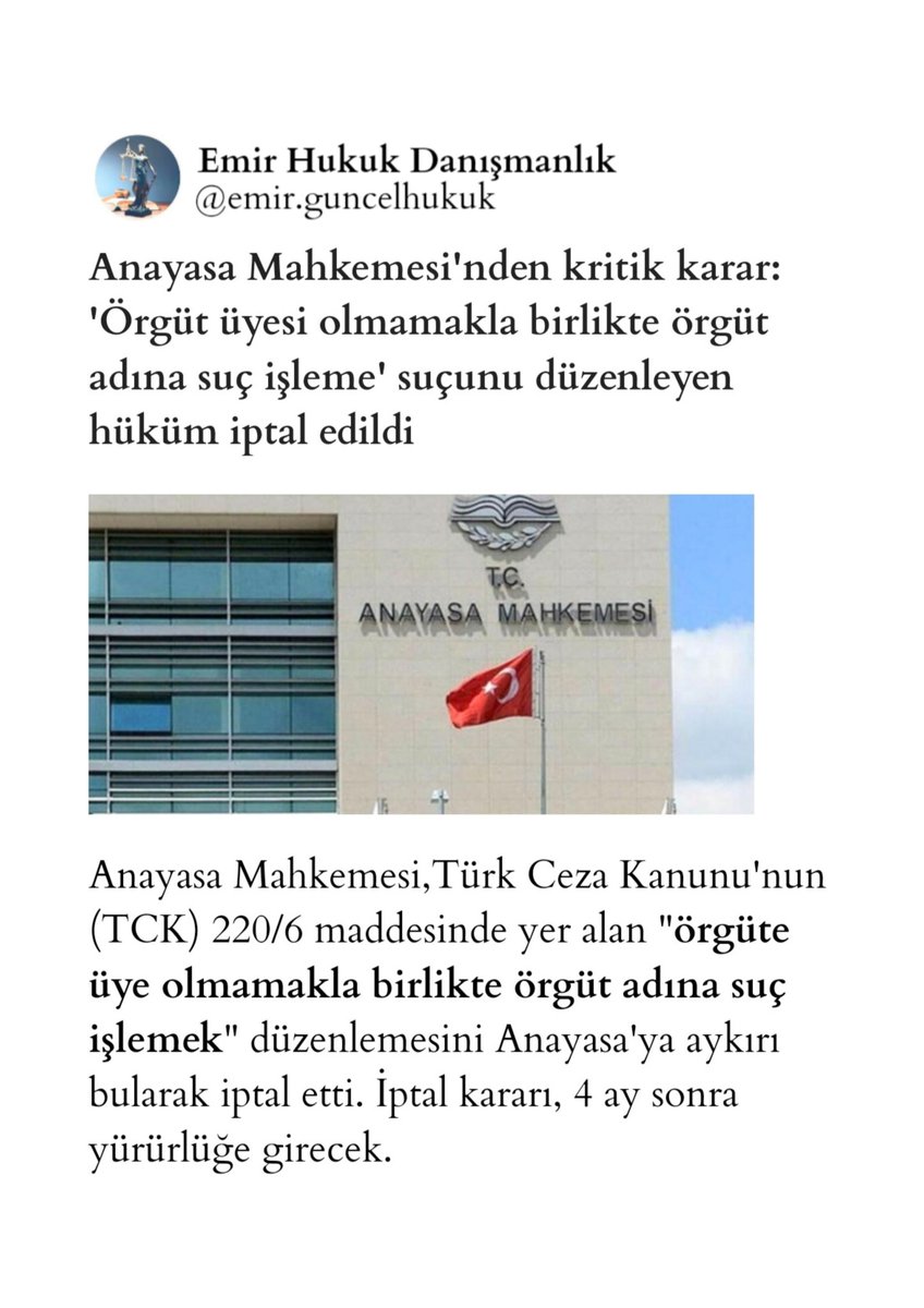 Anayasa Mahkemesi'nin "örgüte üye olmamakla birlikte örgüt adına suç işlemek" suçunun iptaline ilişkin Kararı