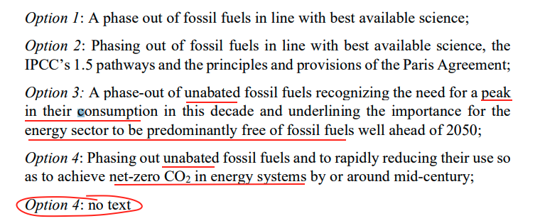 BREAKING #COP28 new text on global stocktake Now 5 options on fossil fuel phaseout: 1⃣phase out all fossil fuels in line w/ science 2⃣as above + 1.5C + Paris principles 3⃣'unabated' + peak + 'predominantly' FF free 2050 4⃣unabated + net-zero 5⃣'no text' carbonbrief.org/interactive-tr…