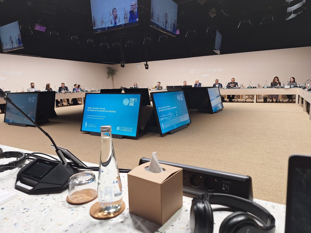 DavidTcd's tweet photo. Universities Climate Network Roundtable at #Cop28 (a network of networks), including COP26 President (Alok Sharma). Wonderful to learn of all the uni. climate networks, possibility to join a UK network, and later discussion with Cambridge's Steve Davison. @TCDBusiness @tcddublin https://t.co/NDPqvMmtjT