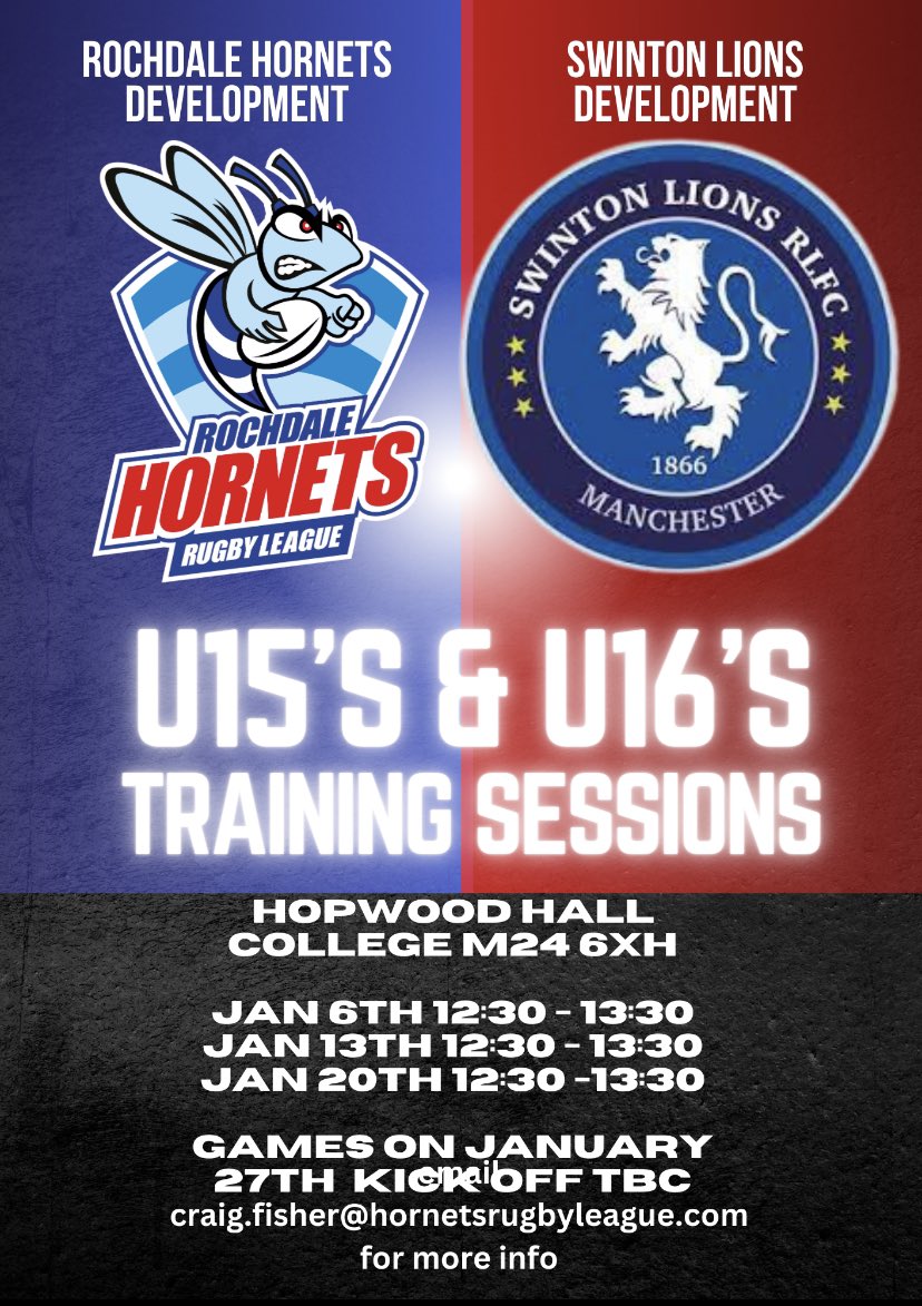 🤩 Rochdale Hornets Sporting Foundation proudly presents U15 and U16 Development Sides! 🏉 If you are interested in joining this exciting new set-up do not hesitate to book yourself onto one of our training sessions Please email Craig.fisher@hornetsrugbyleague.com for more info