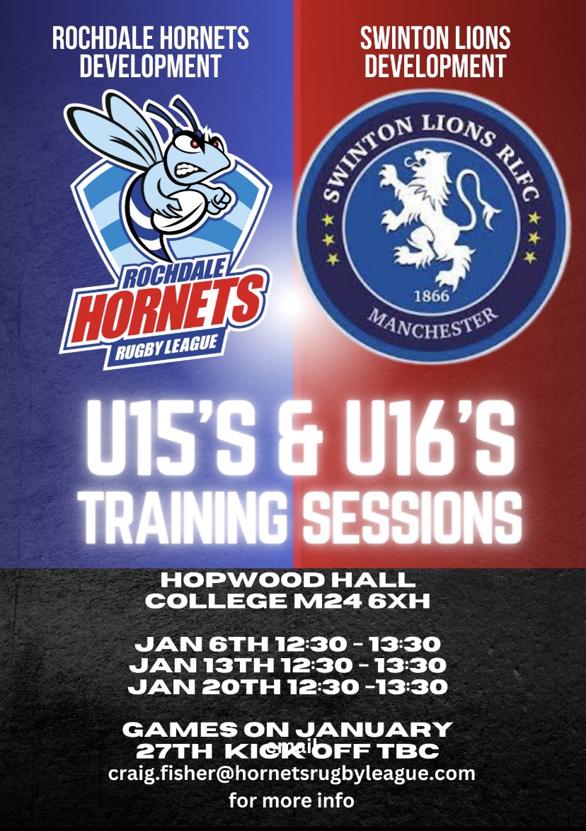 🤩 Rochdale Hornets Sporting Foundation proudly presents U15 and U16 Development Sides!

🏉 If you are interested in joining this exciting new set-up do not hesitate to book yourself onto one of our training sessions

Please email Craig.fisher@hornetsrugbyleague.com for more info
