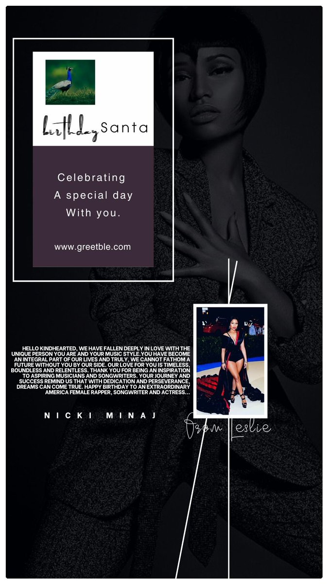 GreetbleLtd's tweet photo. HAPPY BIRTHDAY ππ₯³πππππΎ TO THE MOST BEAUTIFUL RAPPER NICKI MINAJ
FROM
https://t.co/NA2LQyz2yg
https://t.co/Ma3REvMNmO
#NickiMinaj
#Rapper
#Songwriter
#Actress
#Greetble
#HappyBirthday https://t.co/5N0xCZEtiq