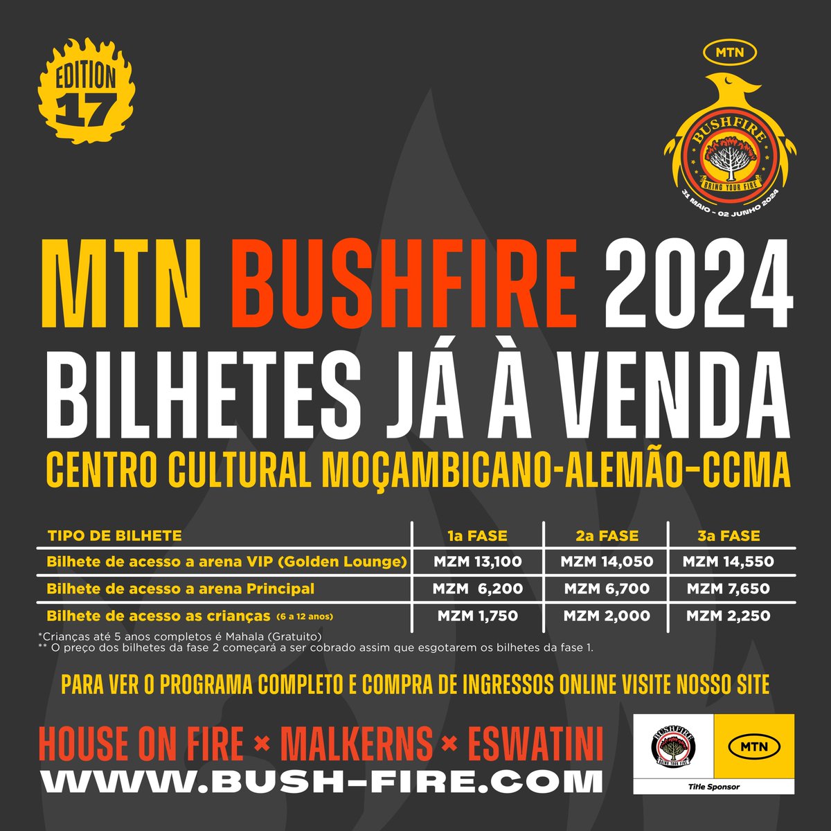 Mozambican firestarters 🔥 MTN Bushfire festival tickets are now available in Maputo 💃🏾 at the Centro Cultural Moçambicano-Alemão @CCMA14301967, Av. Samora Machel, n.468, R. da Rádio! Check out accommodation options in Eswatini, and Travel Packages bush-fire.com/plan/.