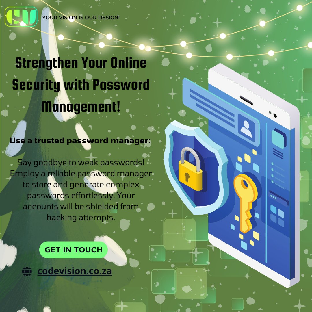 codevisionrsa's tweet image. 🔐 Strengthen Your Online Security with Password Management! 🔐

Bid farewell to weak passwords. 🗝️ Store and generate complex passwords effortlessly, protecting your accounts from hacking attempts. ✅

#CodeVision #PasswordManager #StrongPasswords #SecurityBoost