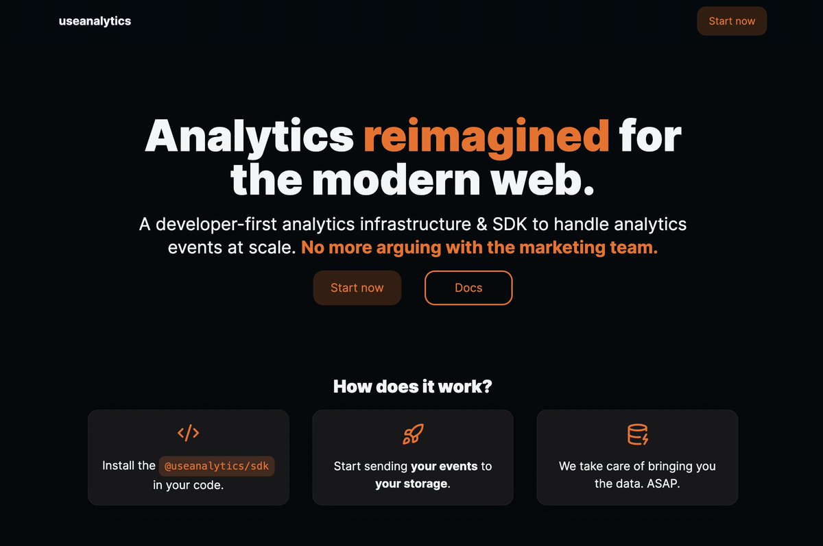 orbuloeth's tweet photo. #buildinpublic
I'm sick of having to deal with analytics platforms: high costs, vendor lock-in and little to no event customization.
🟠 That's why I'm launching #useanalytics, a developer-first infrastructure for managing events.
Read more below, there's a 🧵 https://t.co/yDKn36xax7