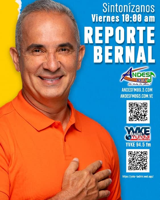 #Hoy #Viernes #08Dic no te puedes perder a partir de las 10:00 am a sintonizar #ReporteBernal transmitido por @YVKE_Mundial tachira94.5 FM y @andesfm893 📻, También puede escuchar a nuestro gobernador @FreddyBernal escaneando el código QR de la imagen #AmemosAlTáchira💛🖤❤️