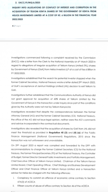 AmbokoJH's tweet photo. UPDATE: Telkom Kenya Ltd takeover 

Following investigations into allegations of corruption & conflict of interest in the Kes 6.0 billion take-over of Telkom Kenya ltd in 2022, the Ethics & Anticorruption Commission (EACC) has recommended that the DPP press charges against:
· Former Treasury CS
· Former Treasury PS
· Controller of Budget
· Former Director for Public Investments & Portfolio Management 
· Chairman Telkom Kenya
· CEO Telkom Kenya Ltd
· CFO Telkom Kenya Ltd
�� Chief Strategy & Business Officer Telkom Kenya Ltd
· Helios' transaction advisor 

EACC holds that:

· Communication Authority never gave its green light for the takeover of Telkom Kenya Ltd
· The Office of the Attorney General never issued its legal opinion & neither was the AG's advice sought or incorporated into this transaction
· The takeover breached Regulation 40(3) of the PFM Regulations 2015 on supplementary appropriation since the transaction cannot be deemed to have been unforeseen or unavoidable
