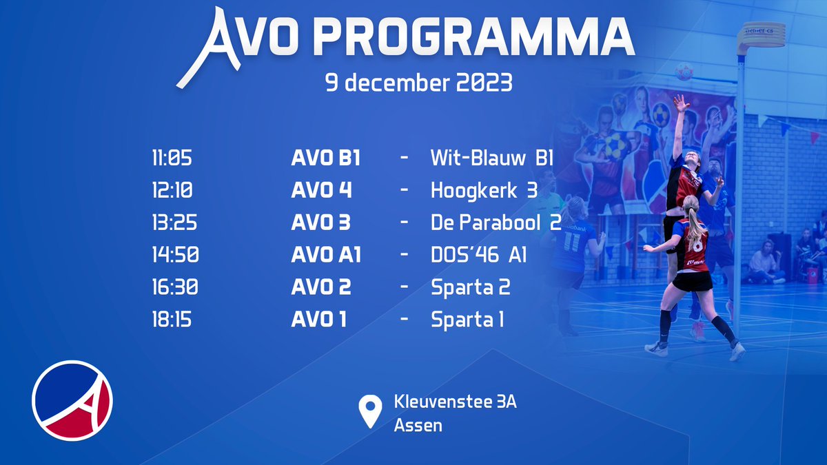 Dit weekend zijn er weer veel thuiswedstrijden van AVO, tegen o.a. <a href="/sparta_zwolle/">Sparta Zwolle</a>  1 en 2, <a href="/DOS46/">DOS'46/VDK Groep</a> A1
en <a href="/deparabool/">G.S.K.V. De Parabool</a> 2.

Allen veel succes!

Bekijk ook het digitale programmaboekje op: 
avoassen.nl/programmaboekje