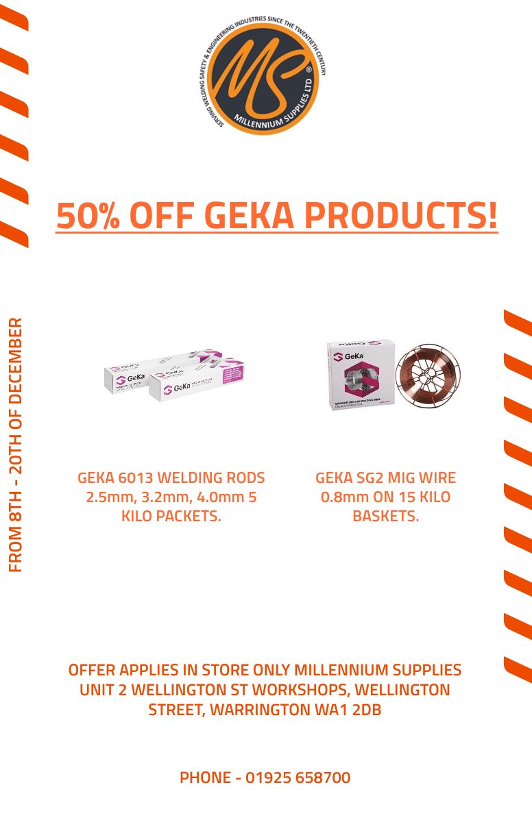 millenniumsuply's tweet photo. MILLENNIUMS 50% OFF GEKA WELDING RODS AND MIG WIRE ONLY IN STORE! Come check it out before it’s to late.👍🏻 https://t.co/N4wT6DRjbY