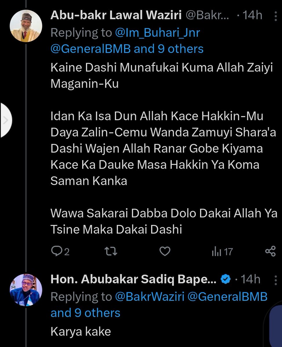 BMB ba ko kowa bane, ban isa na sa ayi ba ko a bari, hasali ma ba kowa ke ganina da mutunci ba saboda ni Jarumi ne, Darekta kuma Marubuci kuma Mai Shirya Fina-Finai a Kannywood sai wanda ya fahici a kowanne harka akwai na banza da na gari. Ku yafi juna. BE YOUR BROTHER'S KEEPER!