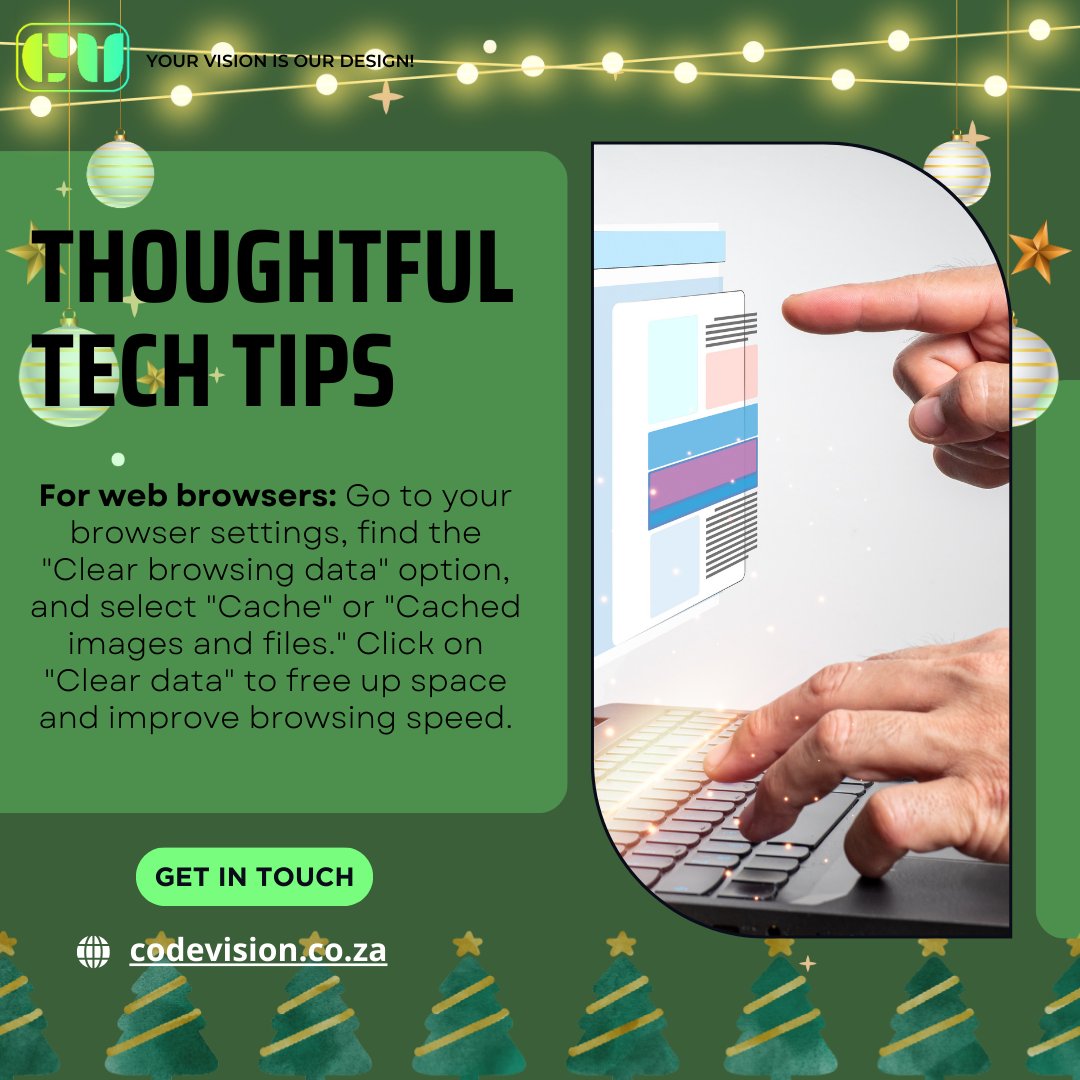 codevisionrsa's tweet image. 💡 Thoughtful Tech Tips ✨

🚀  Boost browsing speed: Clear cache in browser settings!

Select &quot;Clear browsing data,&quot; choose &quot;Cache&quot; or &quot;Cached images and files,&quot; then click &quot;Clear data&quot; to free up space.

#CodeVision #ClearCache #FasterBrowsing #OptimizeSpeed