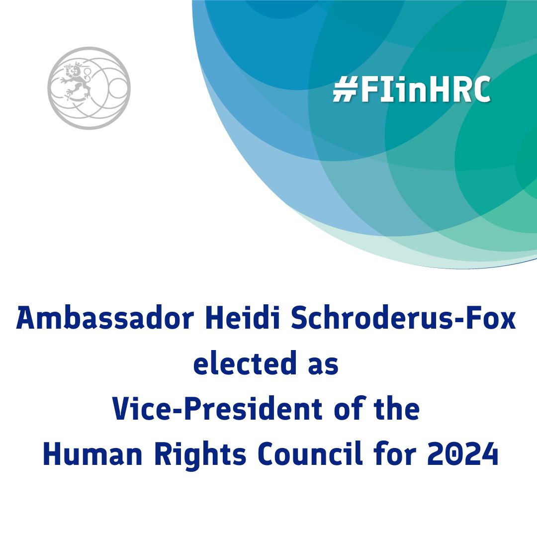 Today @UN_HRC organizational meeting, 🇫🇮Ambassador @SchroderusFox was elected as one of the Vice-Presidents of the Human Rights Council for 2024. Finland strongly supports the Human Rights Council in fulfilling its mandate. The world is diverse but human rights are universal.