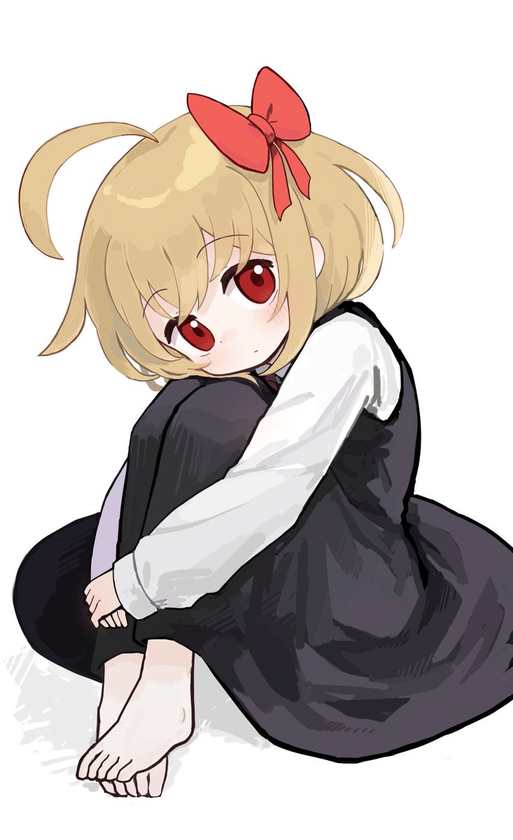 rumia 1girl barefoot blonde hair red eyes solo ahoge white background  illustration images