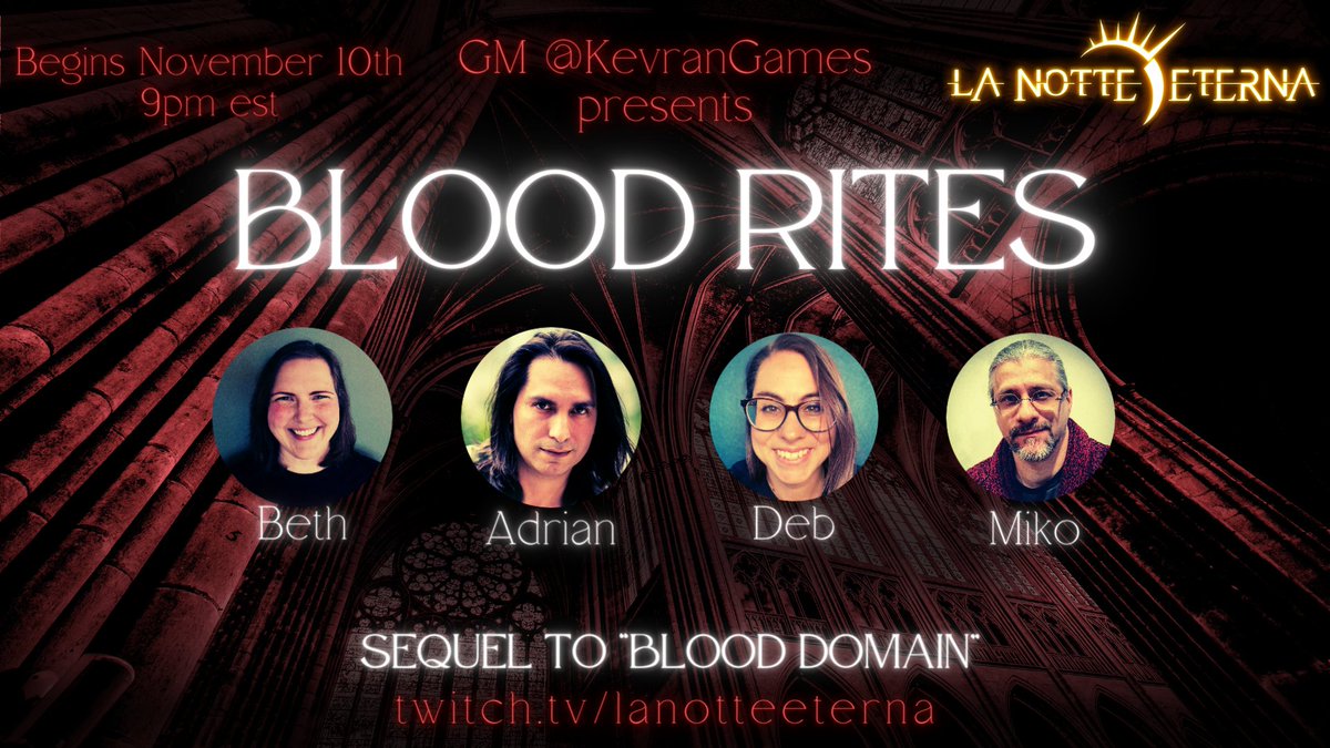 TONIGHT, the Eternal Night shines over the Blood Domain again! Our heroes meet a legend and battle the past in 'Thicker Than Blood'!

Join @the_okayest_gm @/dswets (IG) @BethMaczko @SlySparrow_ and DM @KevranGames at 9 pm EST in this #dnd5e grimdark world of #LaNotteEternaRPG!