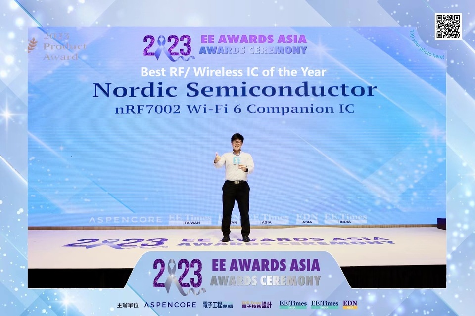 NordicTweets's tweet image. We&apos;re honored to receive two media awards for #nRF7002 #WiFi6 Companion IC in Asia! 

#eeawardsasia 2023 honors the contributions of Asia&apos;s engineering community over the past year. The award is an acknowledgment of our #wireless IoT solution.