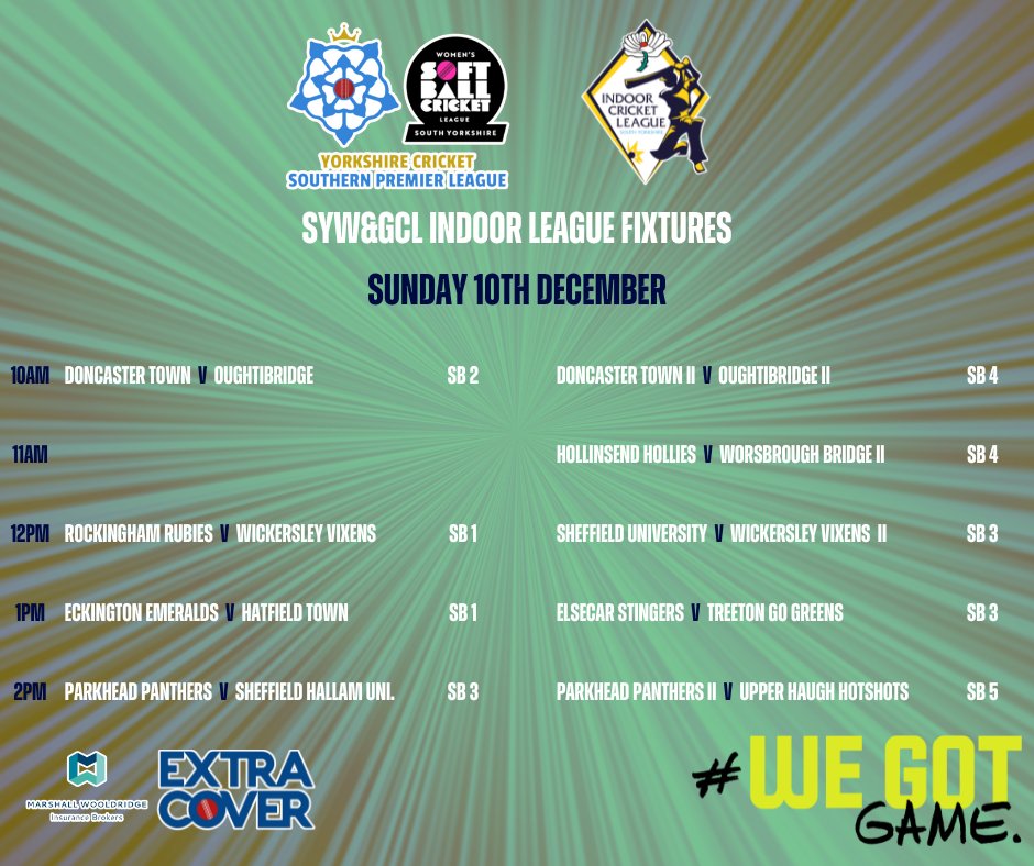 SYW&GCL | Indoor League Fixtures Its the most wonderful time of the year! and the SYW&GCL will finish the year with the half way stage of the Indoor League this weekend at @s20theboundary #WeGotGame #SYWGindoor