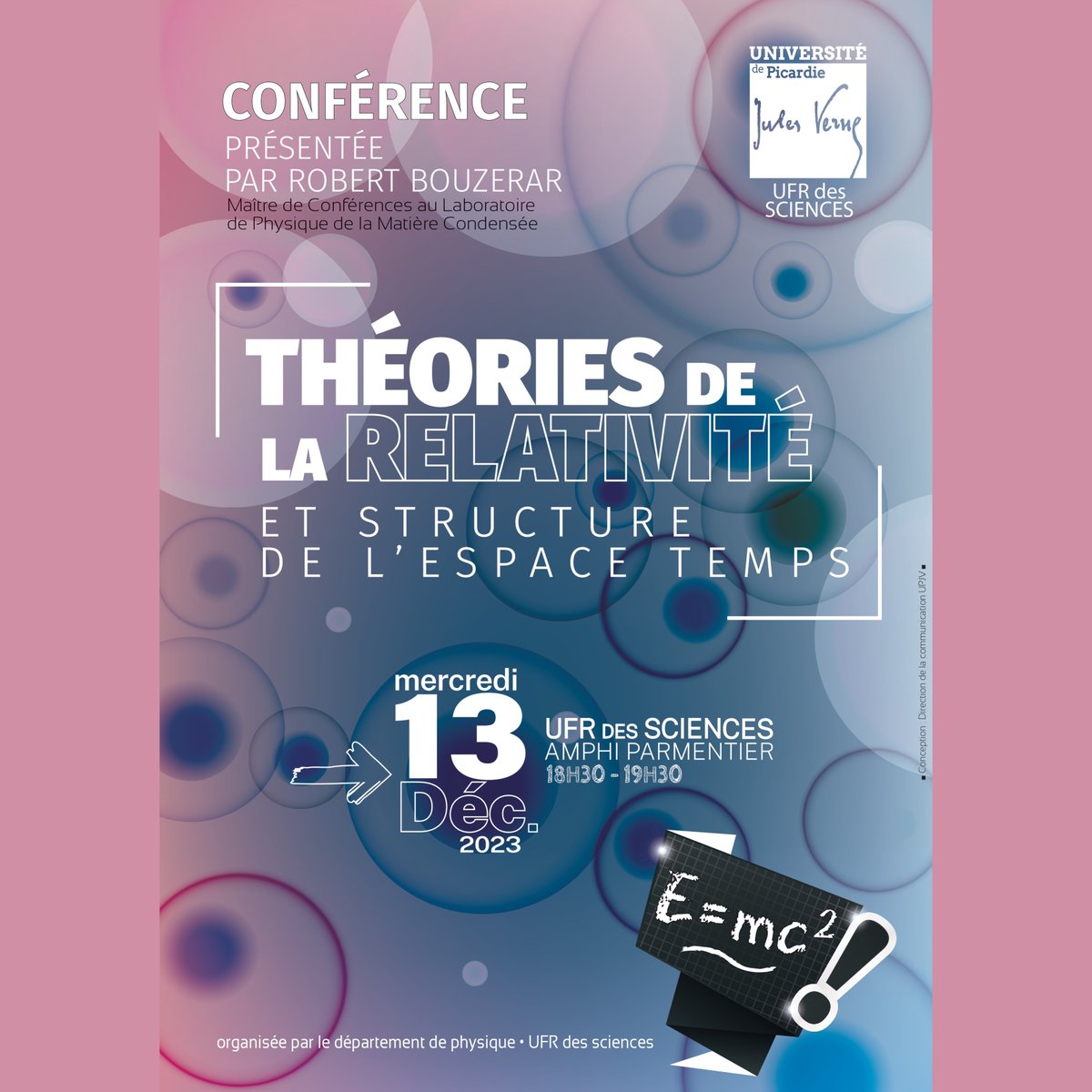 Dans le cadre de l'Année de la physique, l'UFR des Sciences de l'#UPJV organise une #conférence : 'Théories de la relativité et structure de l'espace temps' 📆 13/12/23 🕖 18h30-19h30 📍 UFR des Sciences (Amiens) @franceuniv - @cnrs - @education_gouv - @cea_officiel